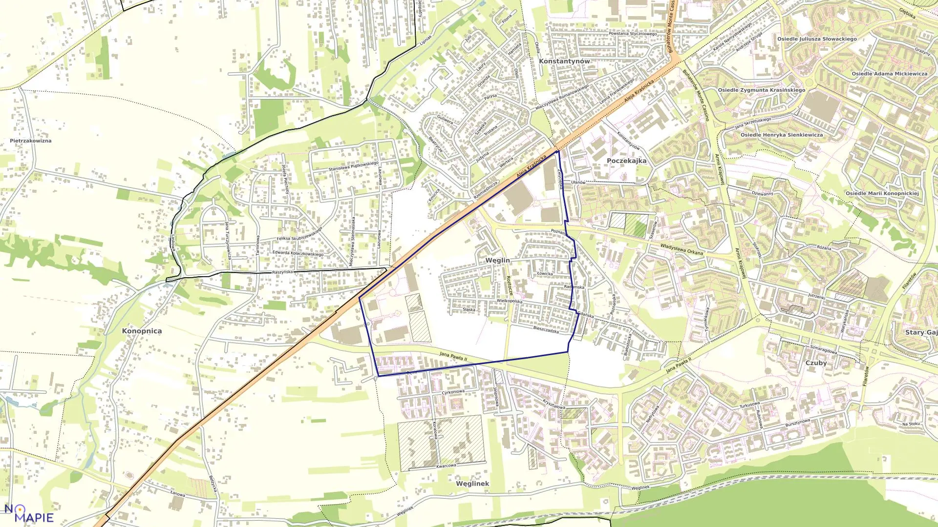 Mapa obrębu 40-Węglin-Południe w mieście Lublin