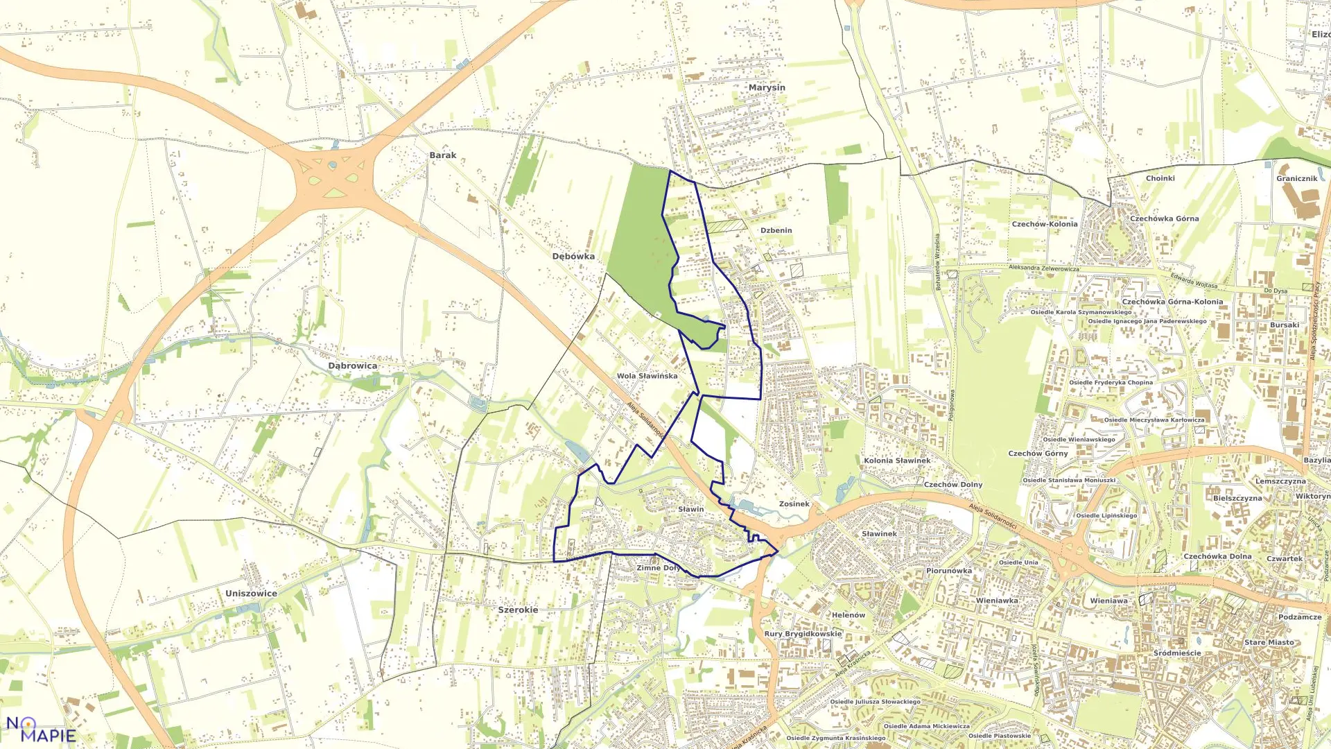 Mapa obrębu 73-Sławin-Szerokie w mieście Lublin